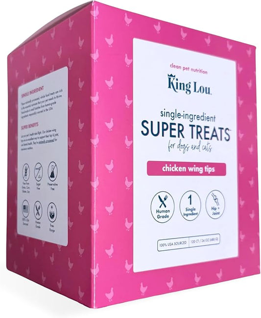 King Lou Pets Whole Chicken Wing Tips for Dogs & Cats, USA-Made Dehydrated Chicken Treats, Human-Grade Crunchy Dental Chews for Pet Hip & Joint Health, 120 Count