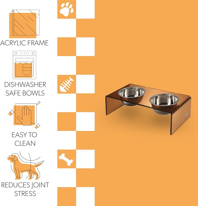 DBL2000D Keaton 5" Small/Medium Modern Acrylic Rectangular Elevated Pet Feeder with 20oz 2-Stainless Steel Bowls, Amber/Chrome