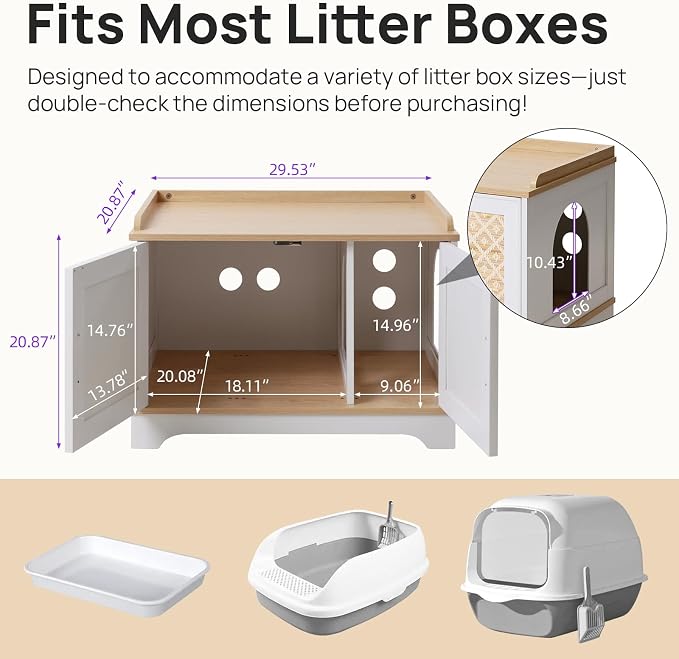 Boho Cat Litter Box Enclosure Furniture, Hidden Litter Box Cabinet with Rattan Doors, Modern Cat Washroom, Wooden Cat House with Reversible Entrance & Top Perch (29.6”L x 21”W x 20.8”H)