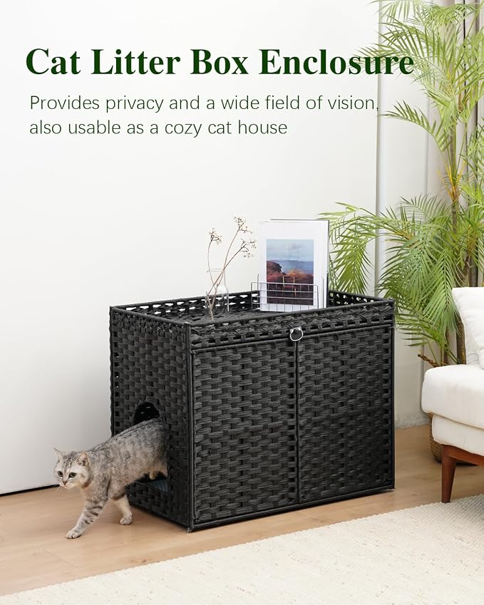 SETVSON Cat Litter Box Enclosure Furniture, Hidden Litter Box, Cat Litter Box Cabinet with 2 Litter Mats, Handwoven Rattan Large Space Cat House, Indoor for Living Room, Bedroom, Apartment Black