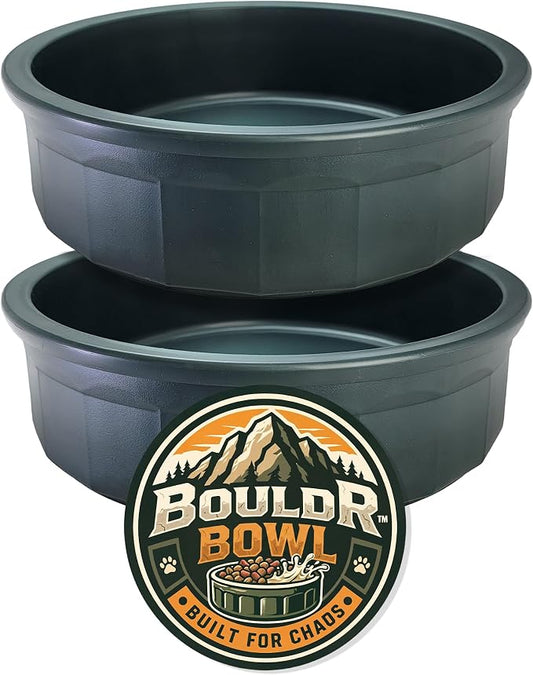 Pet Crock Bowl - 2 Pack – Thick Durable Plastic (Green, 48oz Large) Non-Tip Food & Water Dish for Dogs, Cats - Indoor/Outdoor - Chew Resistant, Easy Clean BouldrBowl by Healthy Surplus®