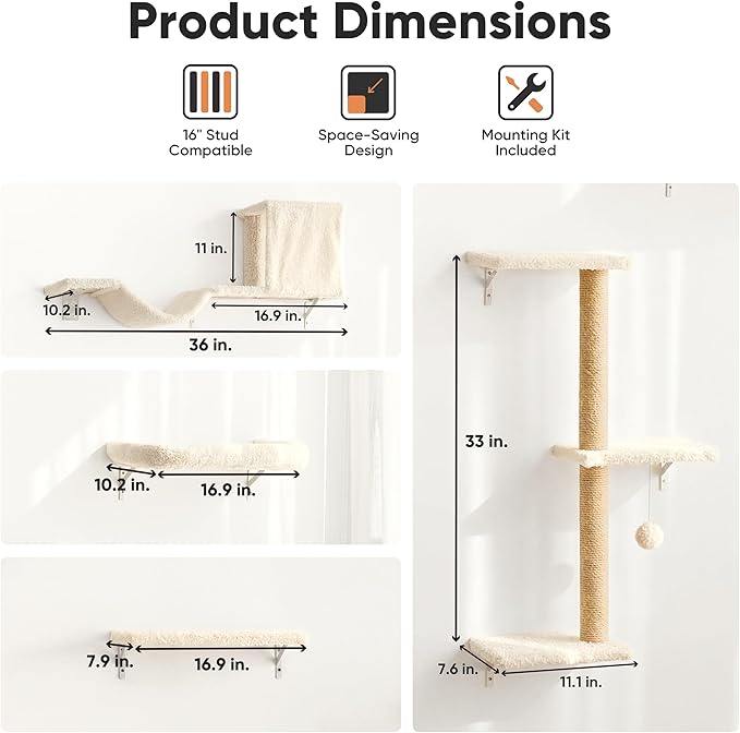 FUKUMARU Cat Wall Shelves, Stable & Safe 4 in 1 Cat Walls Furniture Set, Wooden Kitten Climbing Wall with Scratching Post for 16 Inch Drywall - Beige