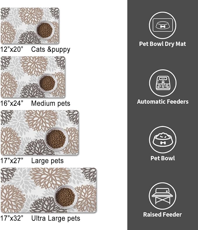 Dog Food Mats for Floors, Absorbent and Quick-Drying Pet Cat Food Mat,Anti-Fouling and Easy-to-Clean Pet Feeding Mat,Dog Bowl Mat for Messy Drinking Water Bowls.12x20, Bohemia Dahlia Floral Style