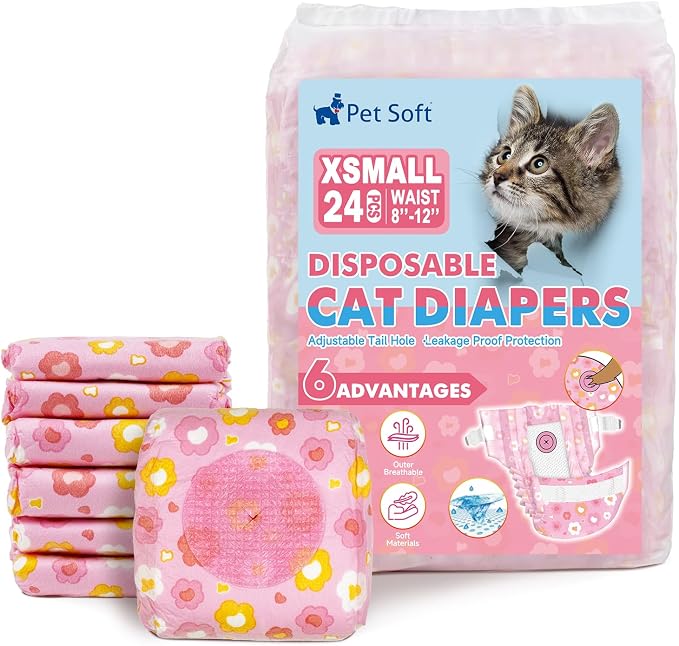 Pet Soft Disposable Cat Diapers - Diaper for Female & Male Cats, Puppy Doggie Diapers for Female Dogs with Adjustable Foam Tail Hole, X-Small (24Pcs, PK Flowers)