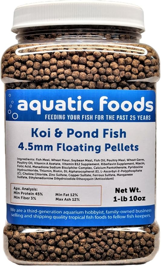 Koi and Pond Fish Pellet Food, 45% Protein 4.5mm Floating Koi Pond Pellets…1-lb 10oz Jar