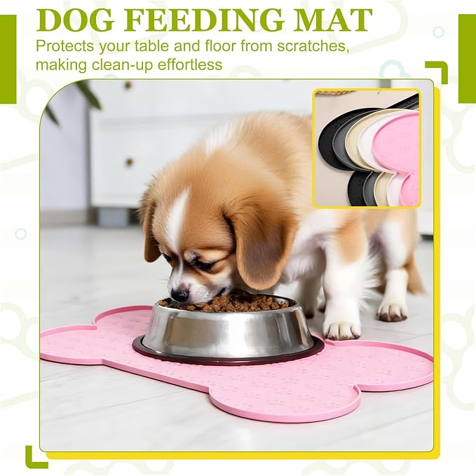 Dog Food Mat, 20x10 Inch Silicone Pet Feeding Mat Non-Slip Bone Shaped Waterproof Dog Water Bowl Tray Raised Edge Protects Floors (Black), Intended for Pets Bowl/Fountain