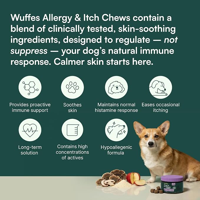 Wuffes Allergy & Itch Soft Chews, Dog Allergy Support with Colostrum, Vitamin E and Omega 3s for Dogs, Non-Drowsy Immune and Itchy Skin Support for All Dogs, 60 Soft Chews