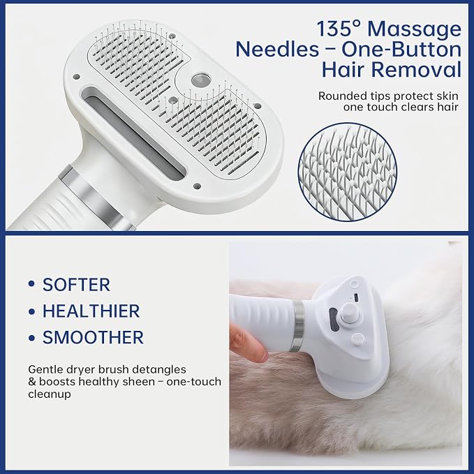 Professional Pet Grooming Dryer Brush – 3-in-1 Dog Blow Dryer with Slicker Brush, Adjustable Temp, Overheat Safe, Salon Quality