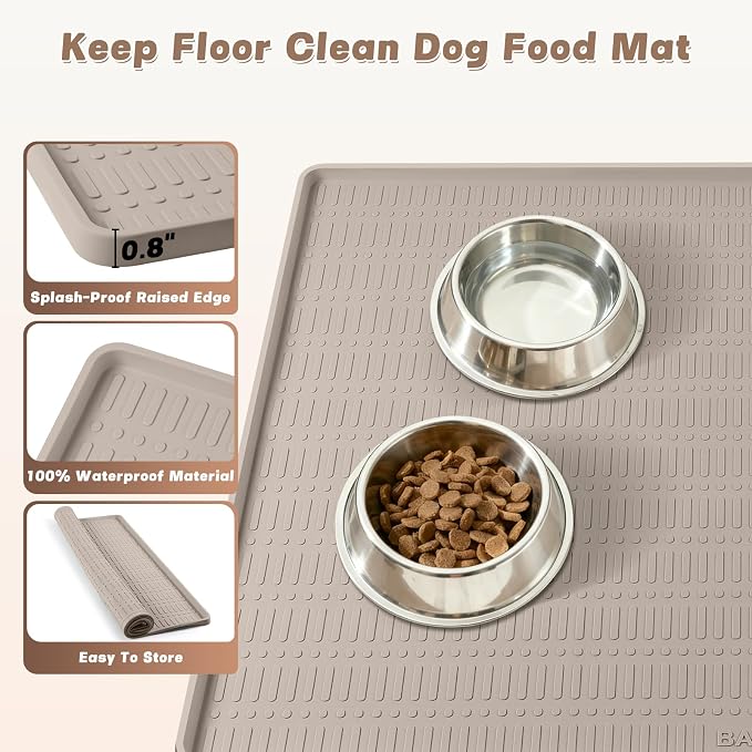 47" x 35" Silicone Dog Food Mat, Waterproof Pet Feeding Mat with Raised Edge, Extra Large Dog Bowl Mat Non-Slip Water Bowl Placemats for Dogs, Protects Floors, Easy to Clean (Beige)