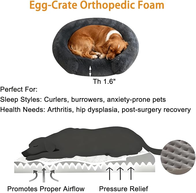 Calming Dog & Cat Beds with Orthopedic Egg-Crate Foam Raised Rim, Soft Fluffy Faux Fur Pet Bed for Small Medium Dogs, Anxiety Relief Spine Support, Machine Washable (Round, Dark Grey 28")