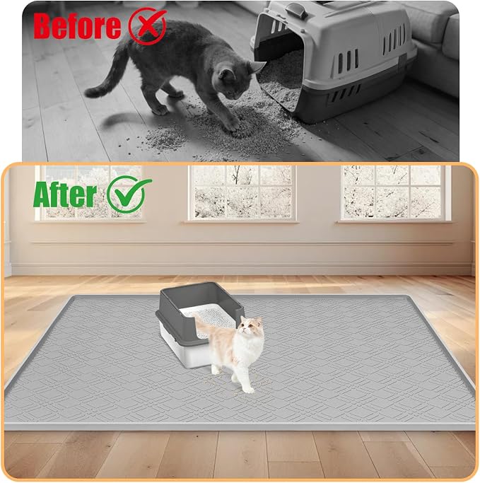 Silicone Cat Litter Mat, 42" x 29" Extra Large Litter Trapping Mat for Litter Box, Leak-Proof, Non-Slip, Kitty Litter Mats with Soft Texture for Floor, Keeping The Floor Clean (Light Grey)