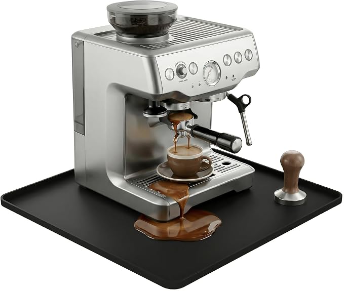 Silicone Coffee Mat for Countertop, 16x16 inch - Heat Resistant Espresso Machine Mat with Raised Edge, Non-Slip Waterproof Station Pad, Compact Coffee Bar & Kitchen Accessories - Black