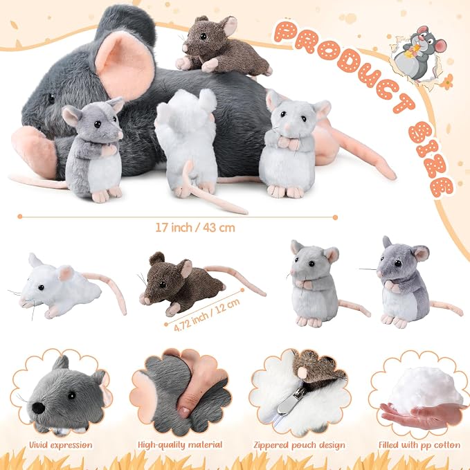 Arrowbash 5 Pcs Mouse Stuffed Animals Set - 14'' Large Mommy Rat Plush with 4 Small Mouse Babies in Zippered Tummy Stuffed Rat Plush Toys for Kids Girls Boys Valentine Birthday Gift(Adorable Style)
