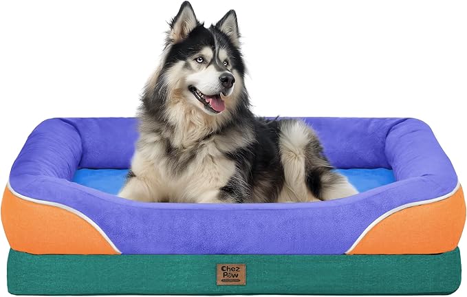 Chez Paw XXL Orthopedic Dog Bed for Extra Large Dogs, Extra Thick Egg-Crate Foam Waterproof Pet Couch with Removable Washable Cover, 4-Sided Bolster & Non-Slip Bottom, Navy Orange 45"x35"x7.5"