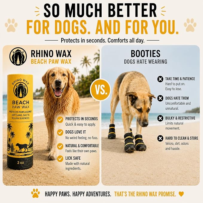Rhino Wax - Dog Paw Beach Wax 2oz - Protects Against Sharp Rocks, Hot Sand, Glass, Coral, or Other Hazards at Beaches - Moisturizes and Improves Elasticity - Lick Safe - Natural Ingredients - USA Made