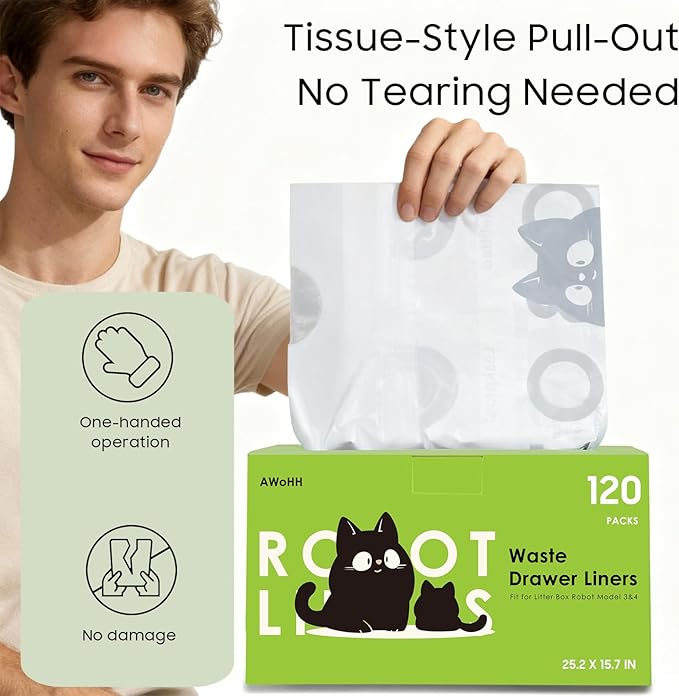 120 Tidy Draw-Pack Automatic Litter Box Bags Cat Litter Box Robot Model 4/3 Waste Bags, Tear-free, Sensor-compatible, Thick Heavy Duty Cat Litter Box Liner Bags 25.2 x 15.7 IN