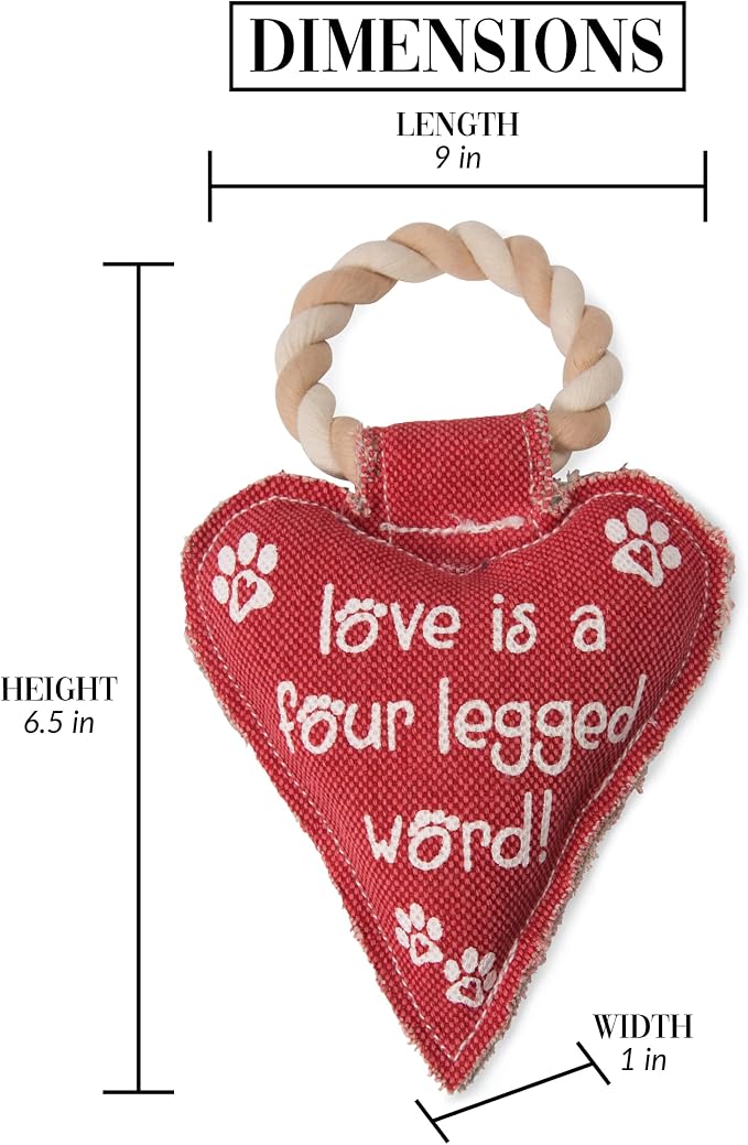 Pavilion Gift Company 45611 Pavilion's Pets-Red Heart Shaped Canvas and Rope Dog Squeaky Toy-Love is a Four Legged Word, Dog, Best for Medium- Large Breeds