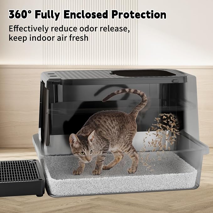 RIZZARI Enclosed Cat Litter Box: All Black Stainless Steel - Odor-Resistant & High-Sided - Teflon Non-Stick Coating for Quick Cleaning - Large Top-Exit Pan for Modern Homes Balcony