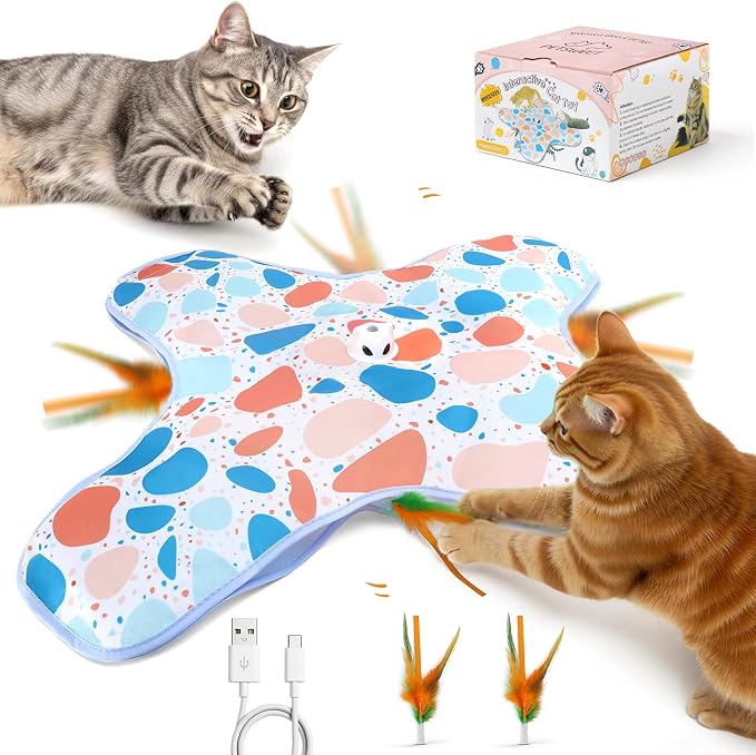 Interactive Cat Toys, Hide and Seek Cat Toy, 2 in 1 Automatic Moving Concealed Feathers for Indoor Cats, Non-Slip Suction, Touch Activated, USB Rechargeable, Blue