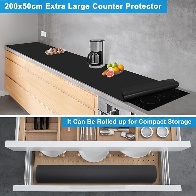AECHY Extra Large Silicone Mat 78.74”x19.69”x0.08”, Multipurpose Silicone Mat Thick Heat Resistant Mat Shipped Rolled Up Kitchen Counter Mat Nonslip Silicone Mats for Kitchen Counter Black