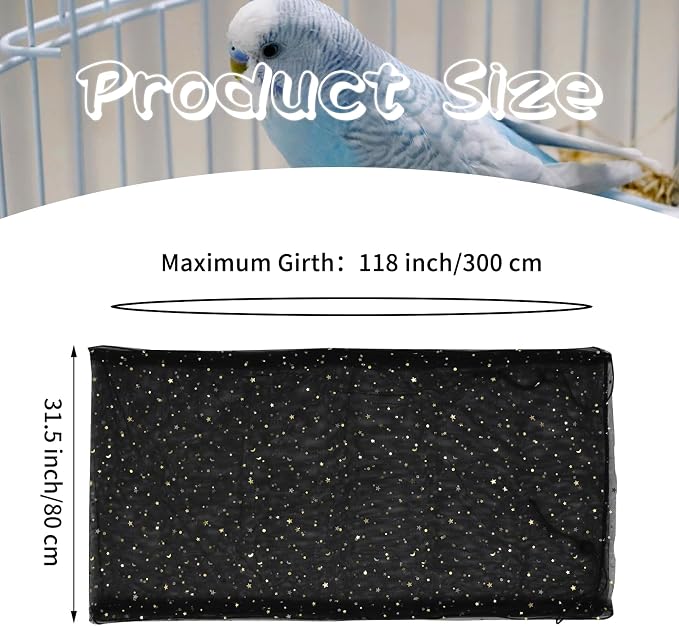 Daoeny 2PCS Bird Cage Seed Catcher, Large Bird Cage Cover, Adjustable Soft Airy Nylon Mesh, Birdcage Cover Skirt Seed Guard for Parrot Parakeet Macaw Round Square Cages (Black & White Sequins Star)