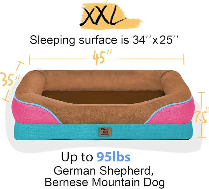 Chez Paw XXL Orthopedic Dog Bed for Extra Large Dogs, Extra Thick Egg-Crate Foam Waterproof Pet Couch with Removable Washable Cover, 4-Sided Bolster & Non-Slip Bottom, Brown Mint 45"x35"x7.5"