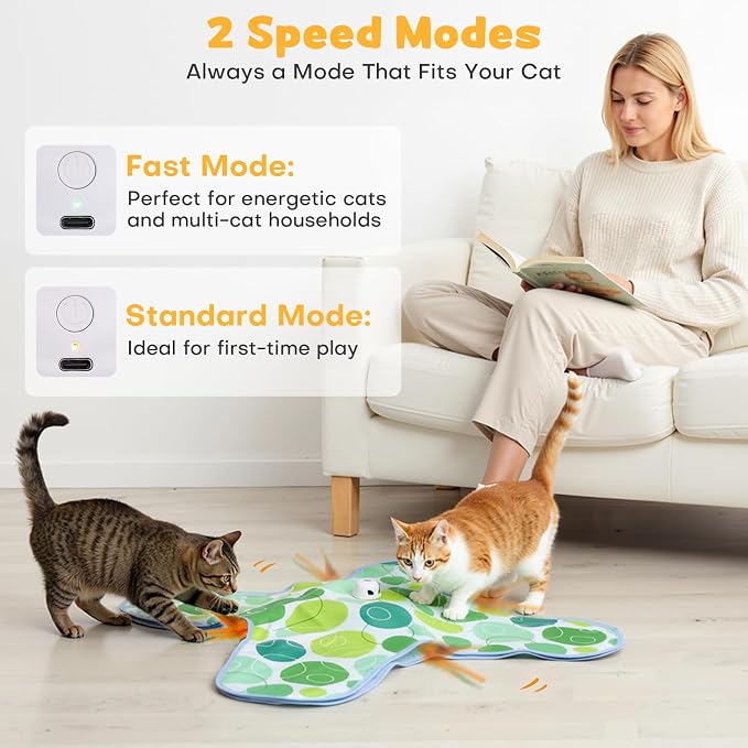 Interactive Cat Toys for Indoor Cats, Hide and Seek Cat Toy, 2 in 1 Automatic Moving Concealed Feathers Cat Toy Mat, Non-Slip Suction, Touch Activated, USB Rechargeable, Green