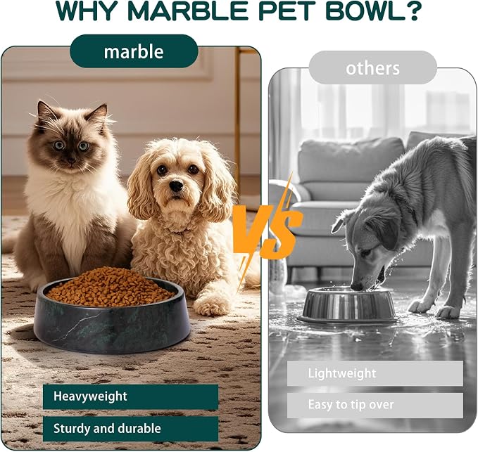 SAMAH Green Marble Dog Bowl, Non-Slip Dog Food Water Bowl, Large Weighted Stone Dish, Natural Marble Heavy Pet Bowl, Easy to Clean, Gifts for Cat Lovers, Perfect Cat Dog Gifts, Holds 6 Cups(6 lbs)