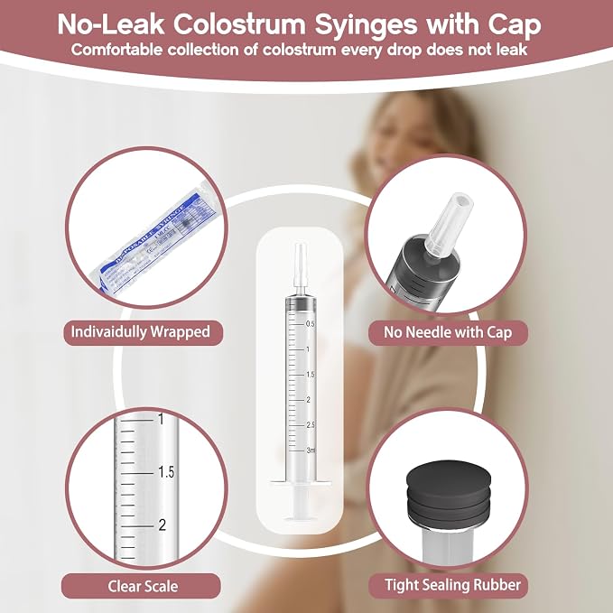 60 Sets 1/3/5Ml Colostrum Collector Kit Include 1/3/5ml*20 No Needle Sterile Syringes with Cap, 4 Measuring Cup, 6 Zip-lock Storage Bags, 60 Labels for Breast Milk Collector