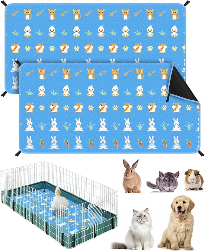 Bissap 2 Packs Guinea Pig Cage Liners, 47''x 24'' Washable Guinea Pig Pee Pads Non Slip Reusable Fast and Super Absorbent Bedding for Small Animals Rabbit Hamster Chinchillas Rat - Blue