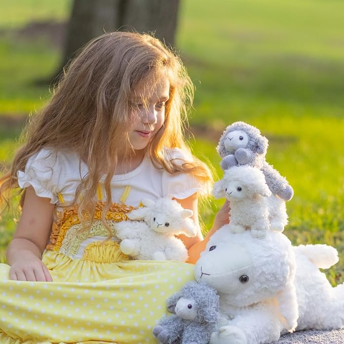 Tezituor 5Pcs Lamb Stuffed Animals Set, 20 Inch Large Mommy Stuffed Sheep Plush with 4 Cute Lamb Babies, Realistic Sheep Plush Pillow for Girls Boys