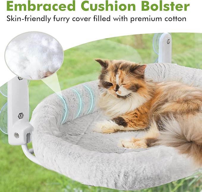 Zoratoo 2PC Cat Window Perch with Bolster Foldable Cat Hammock Cushion Bed for Window with Metal Frame, Large Suction Cups Cordless Window Resting Seat for Indoor Cats (Cushion Bed, 2PC)