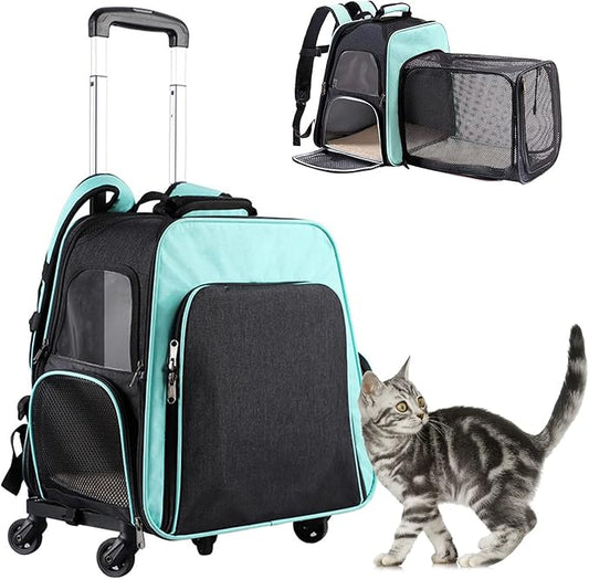 Pet Travel Carrier with Wheels,Puppy & Kitty Expandable Backpack Carrier for Dogs and Cats, Rolling Pet Carrier with Adjustable Handle, Mesh Windows, Storage Pockets