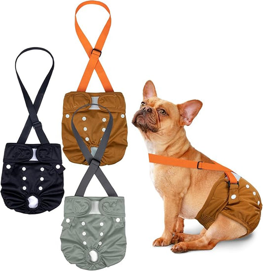 Pet Soft Dog Diapers Female with Suspenders, 3 Pack Reusable Female Dog Diapers for Heat, Dog Period Panties for Doggie in Cycle(Small, Deepcolor)