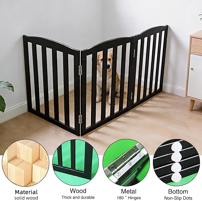 Freestanding Dog Gate Indoor,Doggie Gate Foldable Pet Gates for Doorways,Stairs or Hallways, Wooden Black Pet Gate for the House, Pet Fence,32 "Height-3 Panels