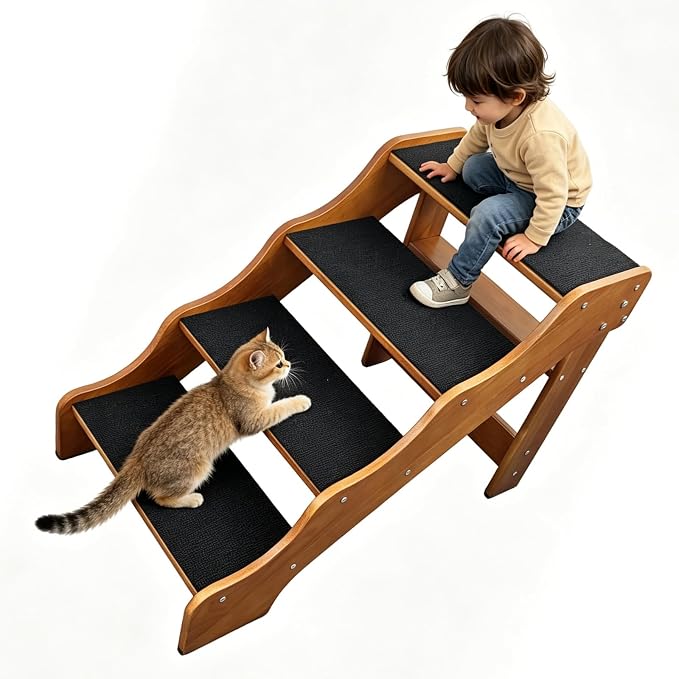 Solid Wood pet Staircase Walnut Paint, Dog Ladder, Suitable for high beds, Sofas, and Cars, with a Weight Capacity of 500 pounds, Anti Slip Staircase, Suitable for Large Pets (Walnut 4 Steps)