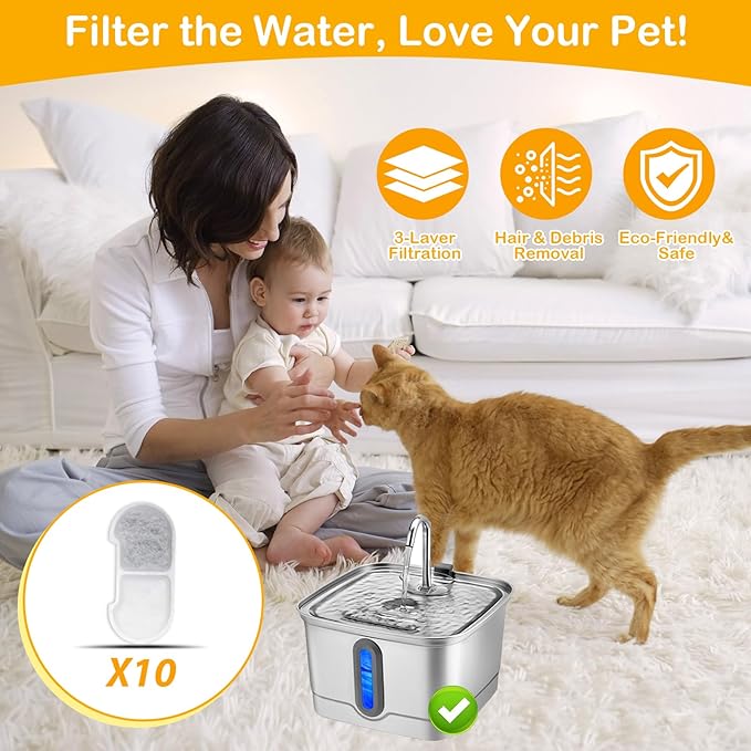 10+10 Pack Replacement Filters Compatible with SEIRMEP 101oz/3L Stainless Steel Cat Water Fountain, Includes 10 Filters & 10 Sponges
