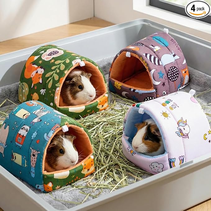 Guinea Pig Hideout 9.84 Inch, 4 Pack Small Animal Bed with Secure Hooks, Washable Fleece House for Guinea Pigs, Rabbits, Chinchillas, Hedgehog, Hamsters, Ferrets (Multi Patterns)