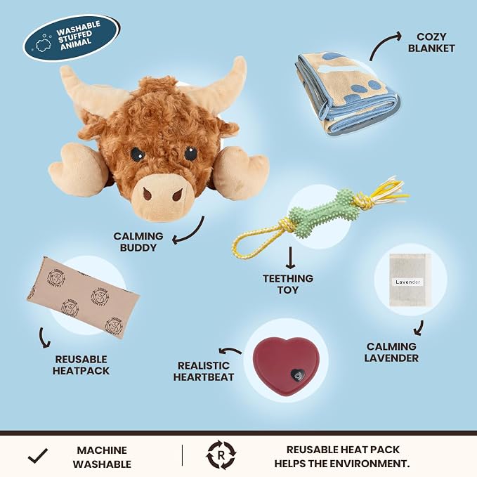 Cow - Puppy Heartbeat Toy for Anxiety Relief with Reusable Heat Pack and Lavender, Sleep Aid for Dogs, Plush Comfort Toy for All Breads (Cow Kit)