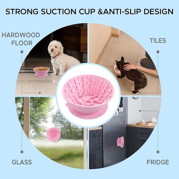 Dog Lick Bowl – Silicone Lick Mat for Dogs,Freezer-Safe, Slow Feeder, Non-Slip Base, Includes Brush & Scraper, Large Opening for Anxiety Relief & Oral Health, Ideal for Frozen Treats (Pink)-Large