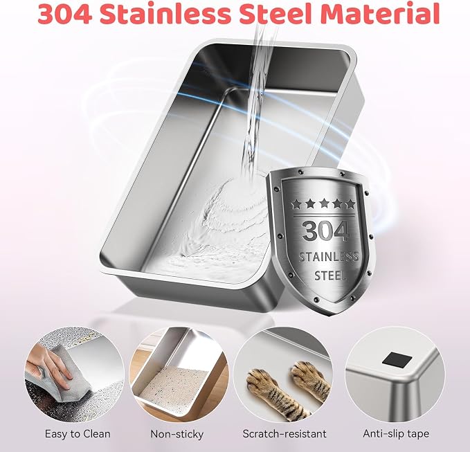 Stainless Steel Cat Litter Box with Lid, 180° Flip Top Kitty Litterbox, XL High Sided Enclosure Litter Pan for Big Cats, Front & Top Entry, Anti-Leakage, Odor-Free, Includes Scoop Mat, Purple Pink
