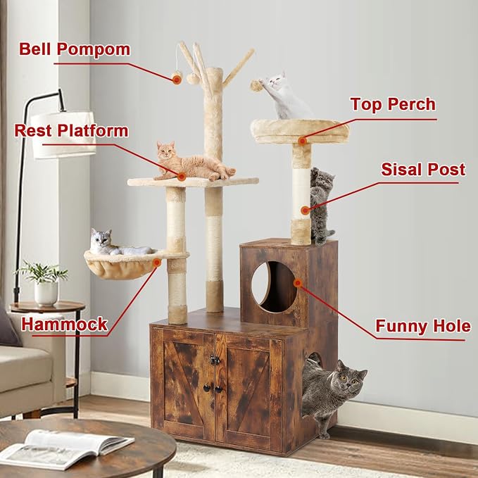 Timberer Cat Tree Tower with Litter Box Enclosure, 2-in-1 Wooden Cat Condo with Sisal Scratching Post, Hammock, Brown
