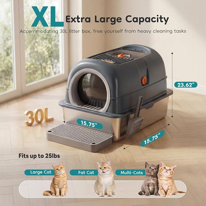 OLIXIS Stainless Steel Litter Box with Lid, Extra Large Enclosed Cat Litter Pan for Big Cats, High Sided Cat Box with Scoop & Mat, Front & Top Entry, Easy Cleaning, Grey