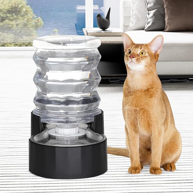 RIZZARI Black 5L Gravity Dog Water Dispenser with Stainless Steel Bowl - Activated Carbon Filter Helps Soften Water & Reduce Odor, Supports Urinary Health, for Small Pets in Patio or Garden