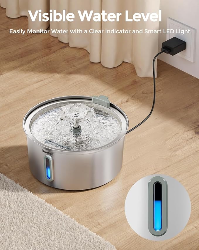 Invengo Cat Water Fountain Stainless Steel, 3.2L/108oz Pet Drinking Fountain for Cats Dogs Bundle