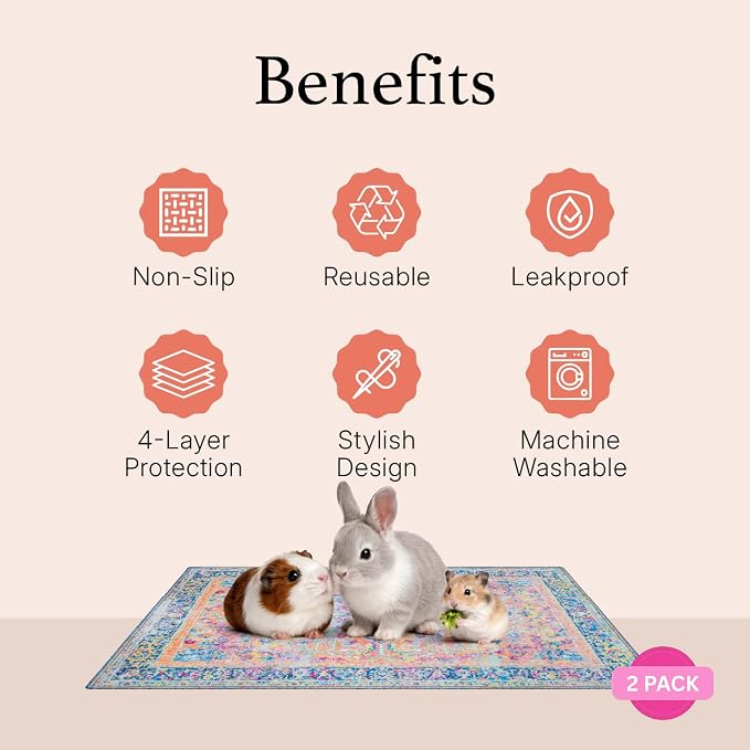 Lovewag Pets Reusable 2-Pack Small Animal Pet Bedding Mats - 16" x 24" Inch Hamster Bedding - Machine Washable Guinea Pig Cage Liners-Guinea Pigs,Rabbits & Ferrets Waterproof Pee Pad (Mystic Fuchsia)