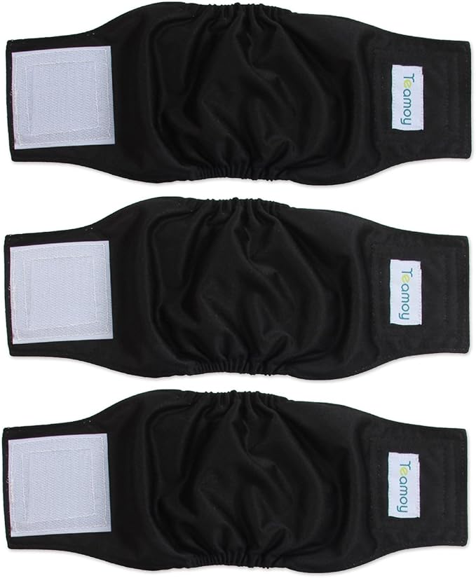 Teamoy 3 Pack Male Dog Diaper Wrap, Washable Puppy Belly Bands, Super-Absorbent and Comfortable(XS,7"-9" Waist, Black)