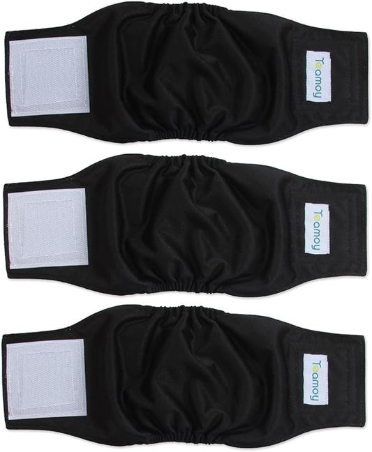 Teamoy 3 Pack Male Dog Diaper Wrap, Washable Puppy Belly Bands, Super-Absorbent and Comfortable(XS,7"-9" Waist, Black)