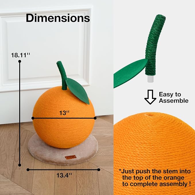 VETRESKA Orange Cat Scratching Post, Cute Cat Scratcher with Jute Rope, Vertical Cat Scratch Post for Indoor Cat and Kitten, Cat Scratching Ball