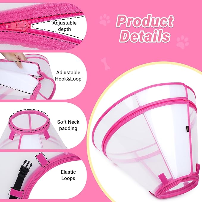 Dog Cone to Stop Licking, Clear Recovery Collar with Detachable Zipper, Sturdy Elizabethan Collar for Large Medium Small Dogs, Soft Adjustable Cone After Surgery Patented, Hot Pink XL